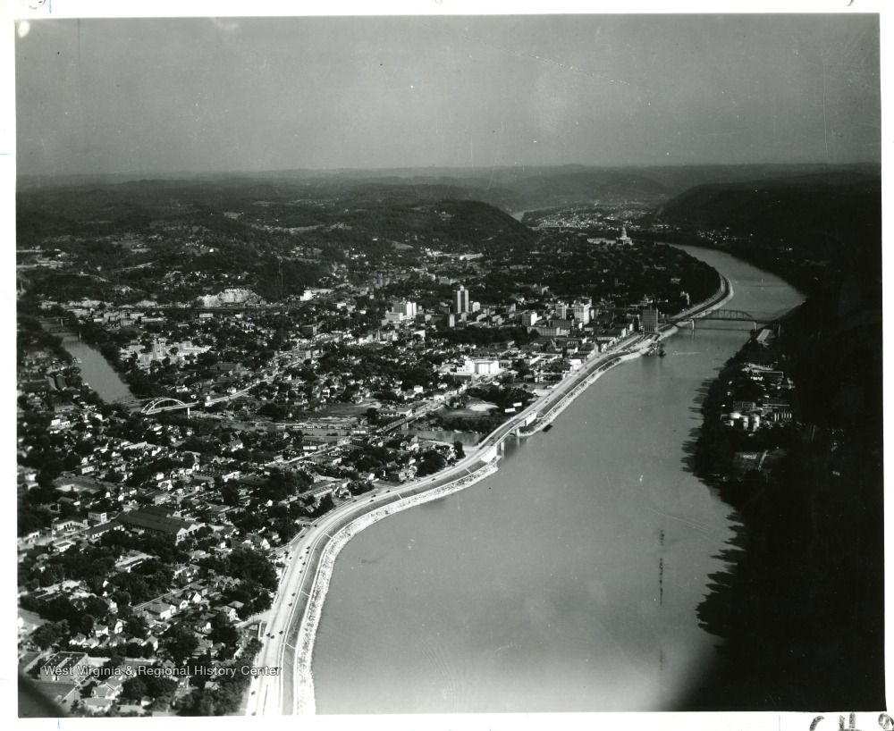 Aerial View of Kanawha River and Downtown Linen Postcard Charleston West Virginia