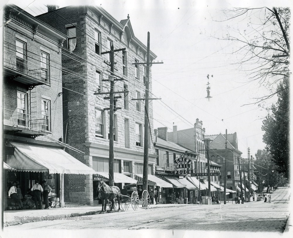 View of buildings on High St. Section Between Wall St. and Walnut St. Morgantown, W. Va.
