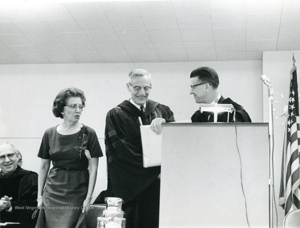 Left to Right: Mrs. Stewart, Irvin Stewart, Professor Emeritus of Political Science; Harry Heflin, Vice President of Administration and Finance, Former Acting President.