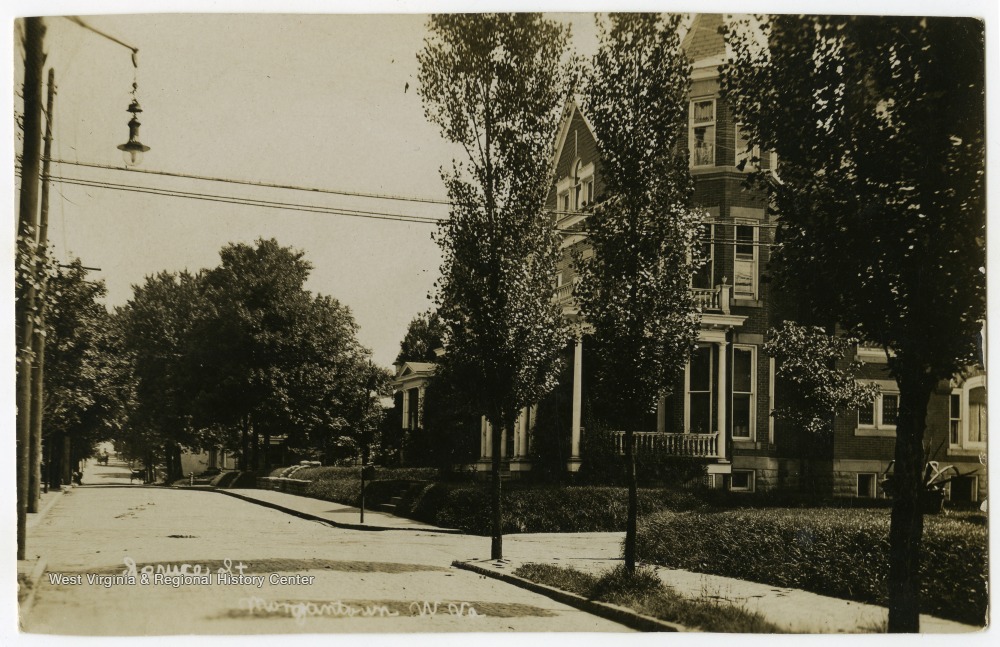 A view north up Spruce Street with Cox House on the right.