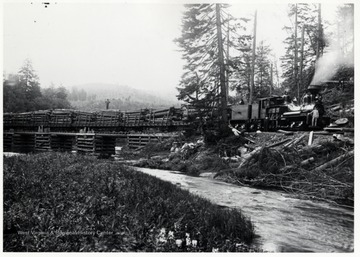 Twin Bridges, Cheat River; Third from left Carl Bradley - Engineer; P.E. Percy/Lima Locomotive Works; Lima "Shay" Shop No. 754 (1903; W.Va. Spruce Lumber Co. and/ or Greenbrier and Elk River #3; TKA 65 ton
