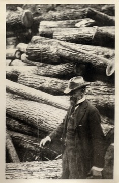 John Raine walking beside logs.