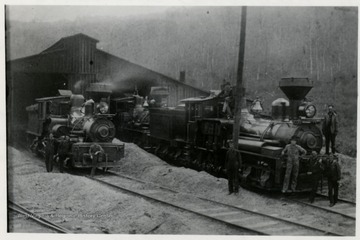 Three train engines and crew. 1910 postcards Joe Crowl, Geo. Cramer, Bob Dean, Cal Bridly? (Bladley), Freddie Linan.  