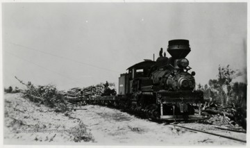 View of Shay No. 4 train engine pulling log carts.