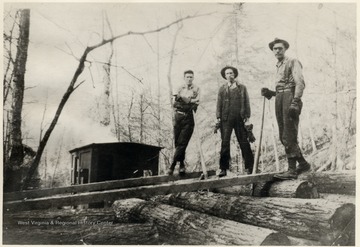 Three logging crew members standing on top of logs.