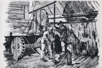 Sketch of two men holding a rope that is part of oil machinery.