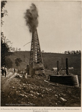 A flowing oil well, showing the effect of an eighty-quart shot of nitro-glycerine.  Harrison County.  