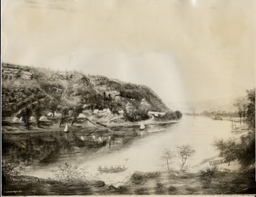 Copy of painting by A.M. Doddridge, 1863- Army camp just below C. and O. depot site near mouth of Ferry Branch.  Fort Scammon hill in the distance.