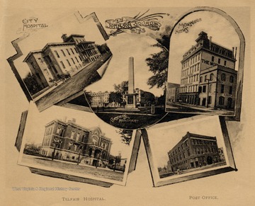 Johnson Square in Savannah, Georgia. City Hospital, Telfair Hospital, Greene Monument, Morning News, and Post Office.