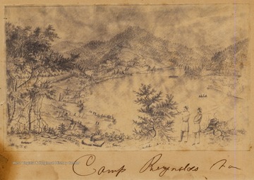 Sketch of distant view of Camp Reynolds, Virginia (later West Virginia) in Fayette County.