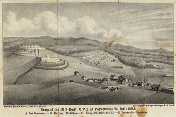Distant view of Camp of the 12th Reg. O.V.I. at Fayetteville, VA. April 1863. Fort Scammon, Battery McMullan, Camp of the 12th Reg. O.V.I. and Fayetteville Courthouse are included. Sketched by Chas. Riedel, Comp H.12 O.V.I. Lithographed by Ehrgolt, Forbriger and Co. Cin. O. 