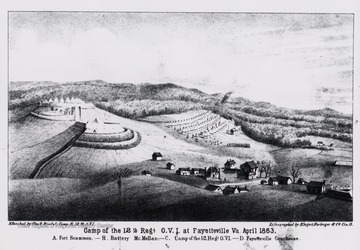 Camp of the 12th Regiment and O.V.I. at Fayetteville Va. April 1863.  A. Fort Scammon, B. Battery McMullan, C. Camp of the 12th Reg. and O.V.I, D. Fayetteville Courthouse.