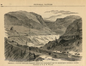 Sketch of train carrying soldiers through the mountains.