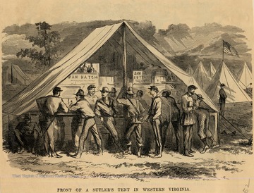 Sketch of soldiers gathered around a tent.