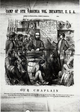 Drawing of Infantry members holding a religious service.    Caption reads 'Our Chaplain gives us a copy of this Engraving, to show our friends the way we sing and hold meetings in camp.  He desires us to tell them to pray for us and him, that we may prove faithful to our country and our God, and not be found wanting in any day of temptation and trial.'  
