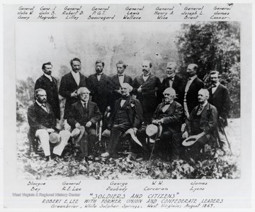 Greenbrier, White Sulpher Springs, West Virginia.  Standing:  General John W. Geary, General John B. Magruder, General Robert D. Lilley, General P.G.T. Beauregard, General Lewis Wallace, General Henry A. Wise, General Joseph L. Brent, General James Connor.  Sitting down:  Blacgue Bey, General R.E. Lee, George Peabody, W.W. Corcoran, James Lyons.