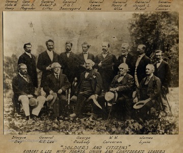 Greenbrier, White Sulpher Springs, West Virginia.  Standing:  General John W. Geary, General John B. Magruder, General Robert D. Lilley, General P.G.T. Beauregard, General Lewis Wallace, General Henry A. Wise, General Joseph L. Brent, General James Connor.  Sitting down:  Blacgue Bey, General R.E. Lee, George Peabody, W.W. Corcoran, James Lyons.