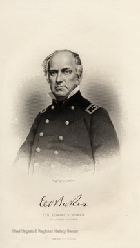 Engraving of Colonel Edward D. Baker, 1st California Volunteers by A. H. Ritchie. 