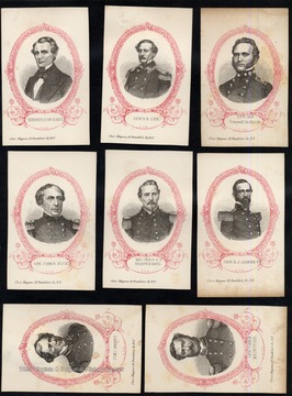 Starting in the left corner:  Jefferson Davis, General R.E. Lee, Brig. Gen "Stonewall" Jackson, Gen. John B. Floyd, Maj. Gen. P.G.T. Beauregard, Gen. R.S. Garnett, Com. Maury, Gen. John B. Magruder.  All engravings read at the bottom Cha. and Manus, 12 Frankfort St. N.Y.