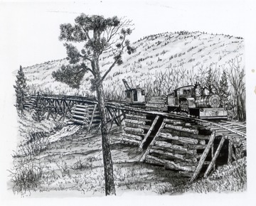 Etching of a logging train on a trestle.