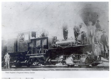 A close-up view of Shay Engine #10 and crew. Engineer is Vern Nelson.