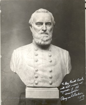 Plaster model of Thomas Jonathan "Stonewall" Jackson bust which was cast in bronze for the State Capital Building in Charleston, West Virginia and unveiled in Sept 1959. The sculptor of the bust, Bryant Baker, 222 West 50th Street, New York City autographed this photo to Roy Bird Cook in 1959. 