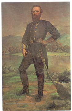 Postcard portrait of General 'Stonewall' Jackson, 1824-1863. 'Jackson, one of the greatest military geniuses this country has ever produced, was born at what is now Clarksburg, West Virginia. As a boy, he lived and worked at Jackson's Mills near Weston-the present site of West Virginia's State 4-H Camp.'