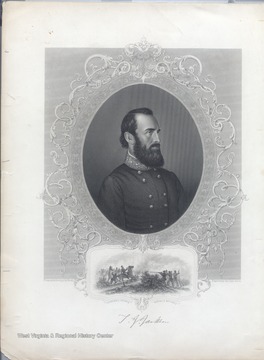 Portrait of Stonewall Jackson from an Ambrotype by Brady.  Also shown is a depiction of Stonewall Jackson being mortally wounded. 