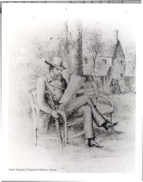 Sketch of Stonewall Jackson sitting on a bench holding an umbrella and reading a newspaper.