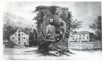Portrait of Stonewall Jackson centered among images of his boyhood home, Jackson's Mill, Lewis County, (West) Virginia.