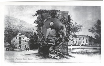 Portrait of Stonweall Jackson centered among images of his boyhood home, Jackson's Mill.