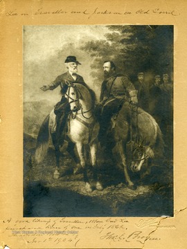Drawing of Lee and Jackson on their horses.  Note on card mount reads 'A good likeness of Traveller, when Gen. Lee purchased him of me in Feby 1862.  Charles Town, W. Va., Nov. 1st 1904, Thos. L. B?  