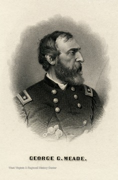 An engraved portrait of George G. Meade. 
