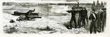 Sketch of a military execution. Before the war ended there were many such scenes enacted in the meadow that is now Charlestons West Side. See West Virginia Collection Pamphlet 6610 and Boyd Stutler's 'West Virginia in the Civil War.'