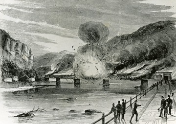 Blowing up the highway-railroad bridge at Harpers Ferry in the early morning of June 14, 1861 when Confederate Brigadier General Joseph E. Johnston and his Army evacuated the town. The bridge was completely destroyed - a fate it was to suffer by fire and flood nine times during the civil war. From a sketch in Leslie's Illustrated Newspaper. See West Virginia Collection Pamphlet 6610 and Boyd Stutler's 'West Virginia in the Civil War.'