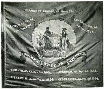 W. Va. flag borne by the 13th Infantry - one of the last preserved of the Civil War Flags when furled and cased more than fifty years ago. See West Virginia Collection Pamphlet 6610 and Boyd Stutler's 'WV in the Civil War.'