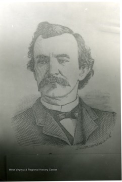 Sketched portrait of James E. Hall, Co. H., 31st VA Infantry, who saw the Civil War begin and end. From picture made in the mid-1880s.  See West Virginia Collection Pamphlet 6610 and Boyd Stutler's 'WV in the Civil War.'