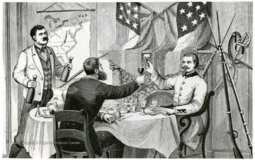 Pinkerton Spy Pryee Lewis sups with Confederate Captain George S. Patton at Camp Tompkins. Sketch from Allan Pinkerton's 'Spy of the Rebellion. See West Virginia Collection Pamphlet 6610 and Boyd Stutler's 'WV in the Civil War.'
