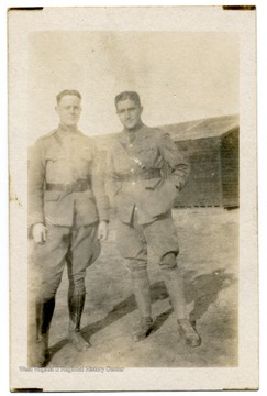Portrait of Jarvis Offutt and Lt. Louis Bennett.  At left is Jarvis Jenness Offutt of the U.S. Air Sevice, who was temporarily attached to Number 56 Aero Squadron of the R.A.F. He was killed in an accident in France, August 13, 1918.  He was from Nebraska and a classmate of Bennett at Yale.  This photograph was found in Bennett's Royal Air Force wallet.
