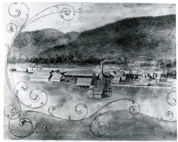 Group of salt wells with a railroad in the background. From wood cut made before 1900. This date is indicated by the fact that the picture clearly shows the salt wells being pumped by the sucker rod system, which was discontinued about 1898 for compressed air. The railroad tracks shown in foreground were not built until about 1890.