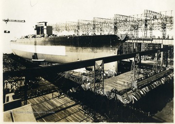 The U.S.S. West Virginia is pictured in a dry dock moments before its launch.