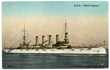 Postcard with a side view of the first U.S.S. West Virginia at sea.