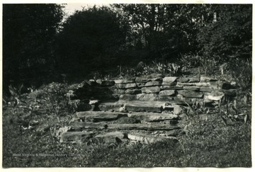 Portrait of Mrs. L.E. Griffin sitting next to her lily pool in Harrison County. Caption reads 'I built 4 foot by 9 foot by 30 inch deep pool in front of a clump of shrubbery on a bank to give it a natural setting. The bottom and sides were cemented, with a shelf built in each end for shallow water plants. From the water line the back and sides were laid up of native stones, stones also circling the front. I did most of the work herself - my husband helped dig out the last few wheelbarrows of dirt, and was home long enough to smoothe down the last of the cement. A boy helped mix the cement. As soon as it was finished I filled it with water to set till spring, using a rubber hose from a faucet in cellar - have it drained the same way. I learned from her mother that a long stick placed in a rain barrel would keep it from bursting when frozen. It also works with a lily pool. While cement was setting I planted perennials and Dutch bulbs in front of shrubbery and around the pool. It has been a mass of bloom from crocus and grape hyacinth time until now (Sept. 30) when dwarf marigolds, petunias, etc. are in their glory.'