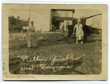 Two women and a cow in front of a house.  Handwritten note on back says, 'Golda Woodward Compliments and best wishes of your cousin Freed [sic] Gage, Okla. June 20, 1915.'