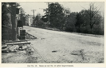 Picture of a road intersection. Cut No. 19 was the same as No. 18 after improvement. From the Report of the W. Va. State Board of Agriculture for the Quarter Ending Sept. 30, 1908.<br />