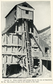 Picture of a stone crusher and storage bins in the city of Charleston, W. Va. The crusher is back in the shadow to the right. From the Report of the W. Va. State Board of Agriculture for the Quarter Ending Sept. 30, 1908.