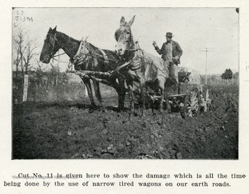 Caption reads, 'Cut No. 11 is given here to show the damage which is all the time being done by the use of narrow tired wagons on our earth roads.'