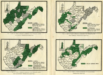 Figure 1 shows the counties that produce the principle corn and wheat crops. Figure 2 shows the counties that produce the principle oat and buckwheat crops. Figure 3 shows the counties that produce the principle rye and tobacco crops. Figure 4 shows the counties that produce the principle blue grass.