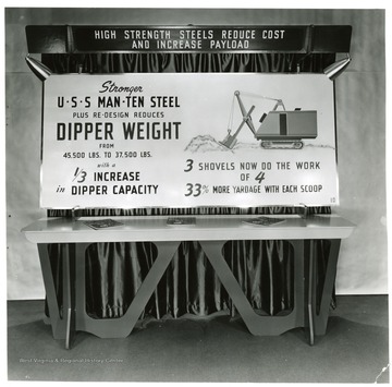 Display showing the advantages of the Stronger U.S.S. Man-Ten Steel in increasing the dipper weight and capacity for coal shovels.