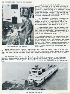 The christening of the Humphrey; a description of the Humphrey Towboat; and the Humphrey in action.